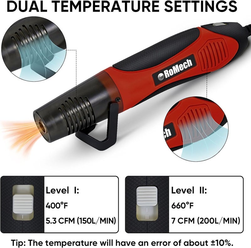 ROMECH 350W Heat Gun with 2 Nozzles, Dual Temp Heat Gun 400°F-660°F, Fast Heat Hot Air Gun with Overload Protection for DIY Craft Embossing Shrink Wrapping (Red) - Image 2